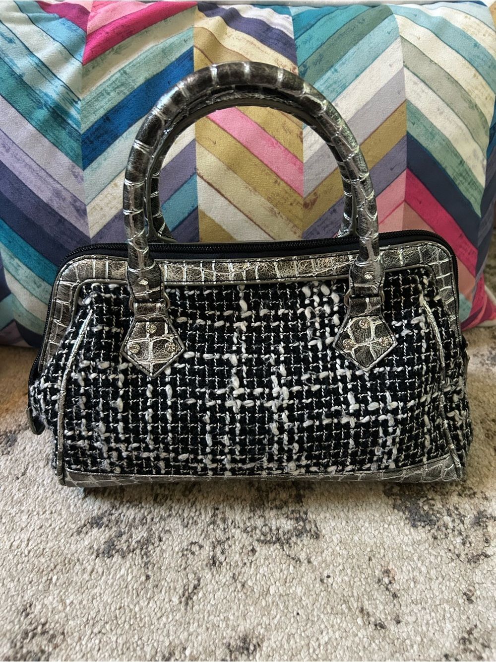 Tweed Satchel Handbag with Silver Croc-Effect Trim